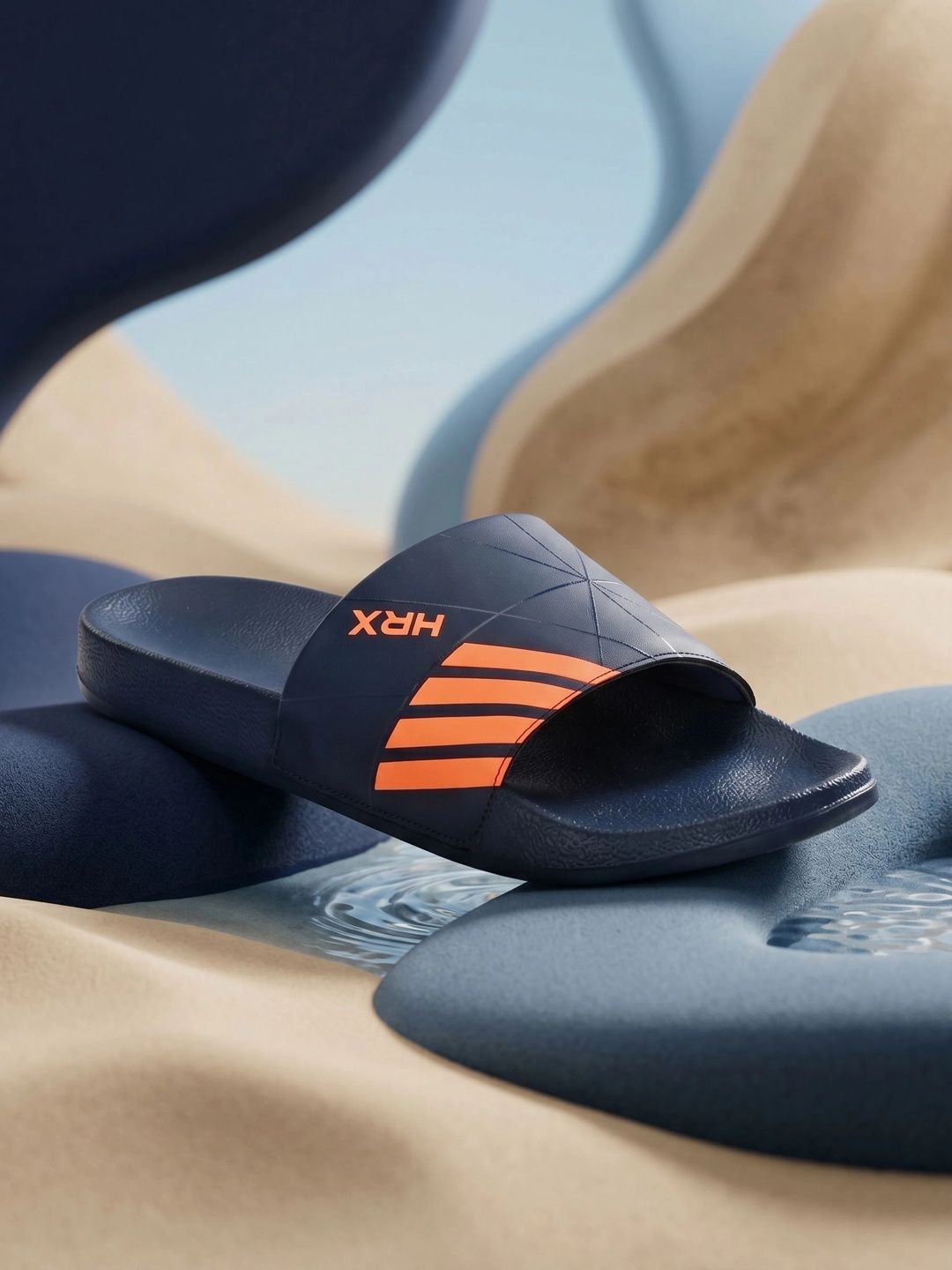 HRX by Hrithik Roshan Men Navy Blue & Orange Brand Logo Printed Sliders