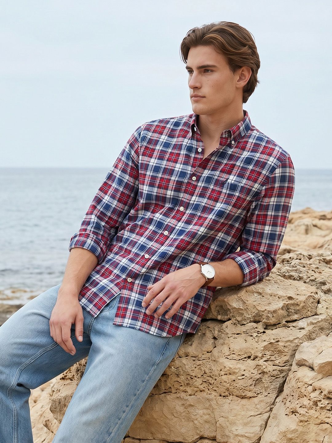 Nautica Men Slim Fit Tartan Checked Casual Shirt
