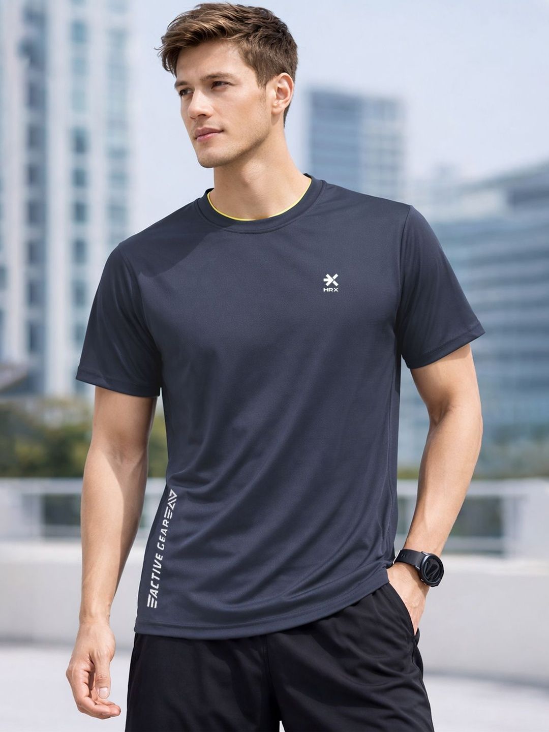 HRX by Hrithik Roshan Brand Logo Printed Round Neck Pockets Regular Fit T-shirt