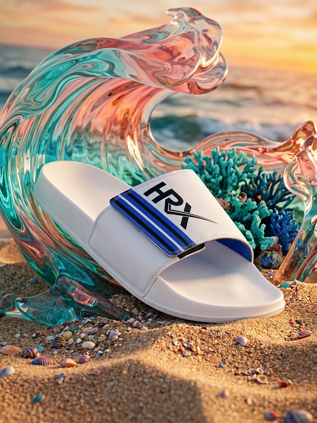 HRX by Hrithik Roshan Men White & Blue Printed Sliders