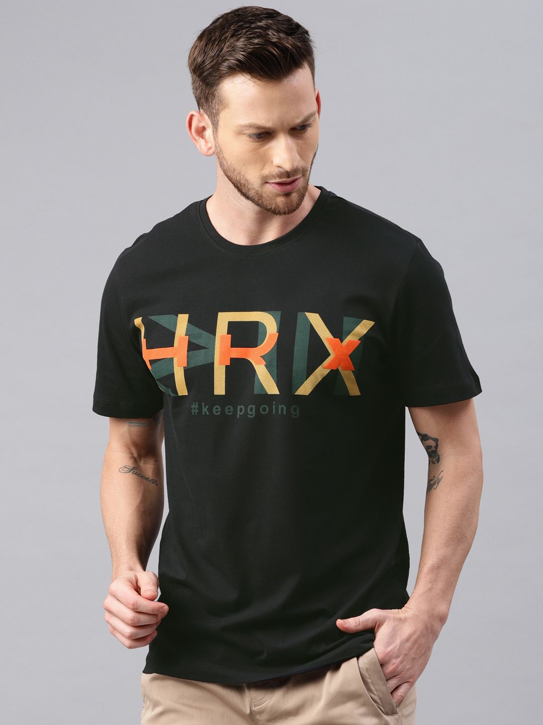 HRX by Hrithik Roshan Men Black Printed Round Neck Lifestyle Pure Cotton T-shirts