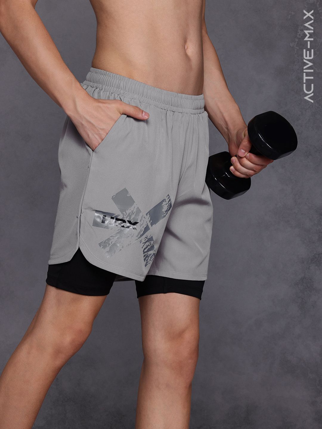 HRX by Hrithik Roshan Men Brand Logo Printed Double Layer Gym Shorts