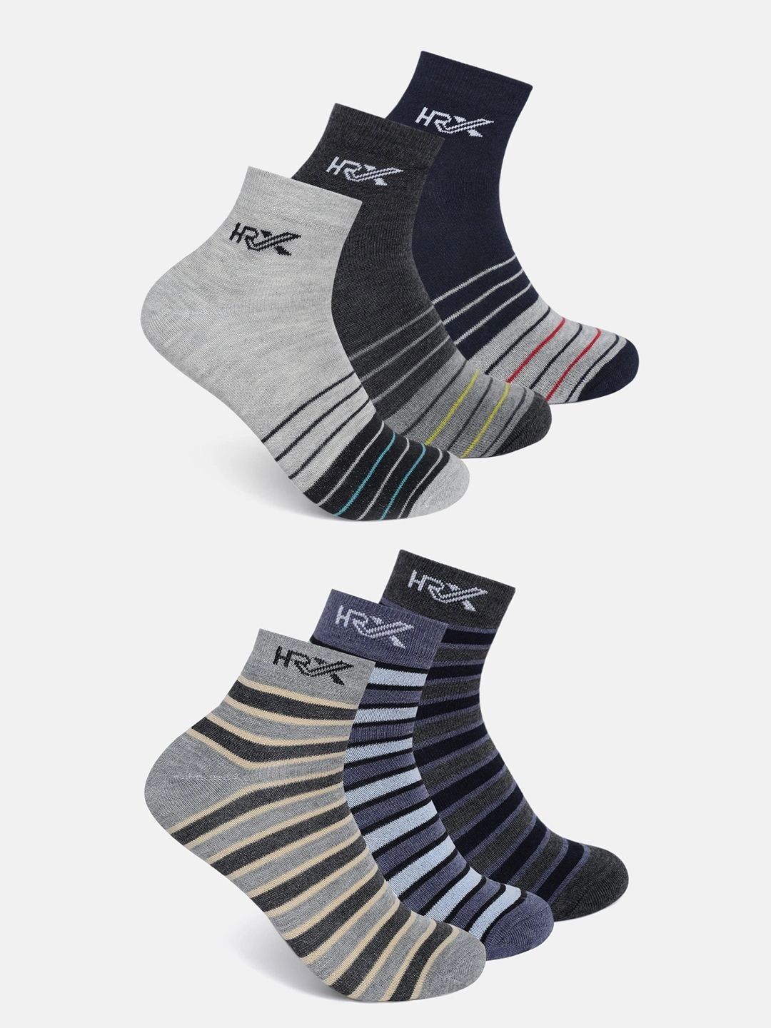 HRX by Hrithik Roshan Men Pack of 6 Cotton Blend Striped Ankle Length Socks