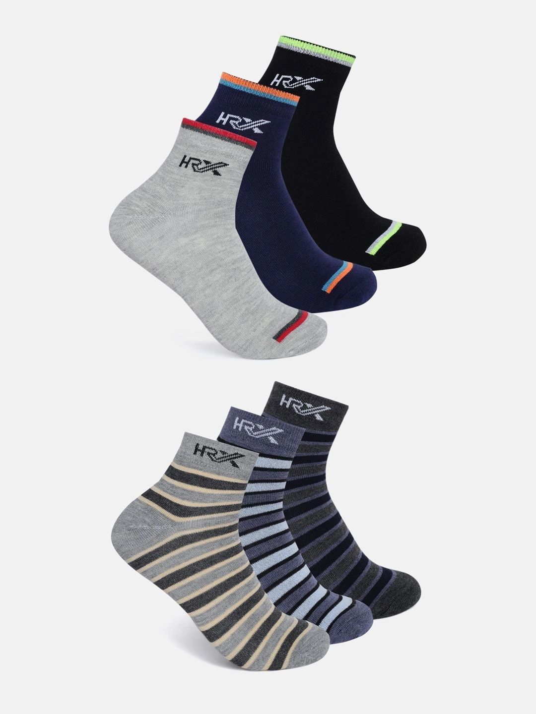 HRX by Hrithik Roshan Men Pack of 6 Cotton Blend Striped Ankle Length Socks