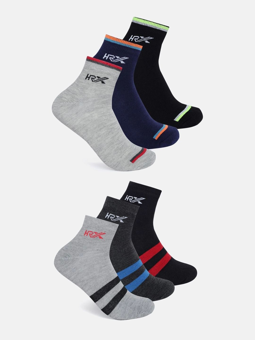 HRX by Hrithik Roshan Men Pack of 6 Cotton Blend Colourblocked Ankle Length Socks