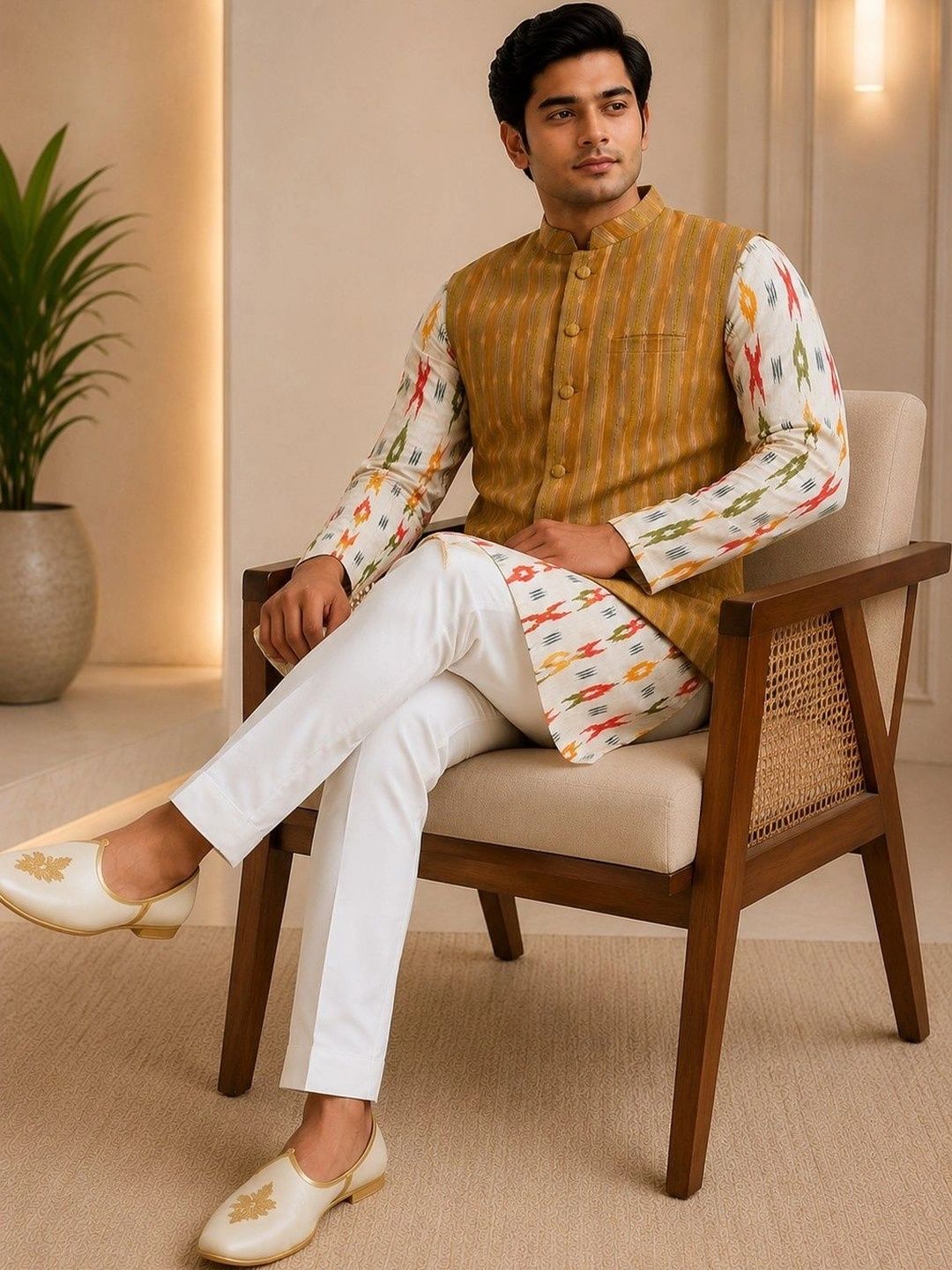 VASTRA BY LARA Striped Mandarin Collar Nehru Jackets