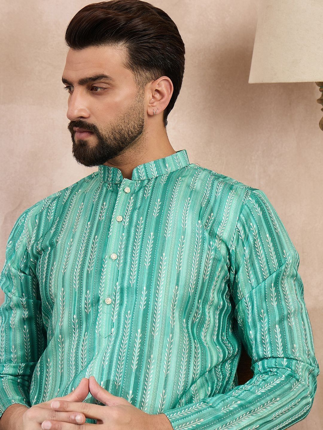 House of Pataudi Printed Mandarin Collar Knee Length Straight Kurta