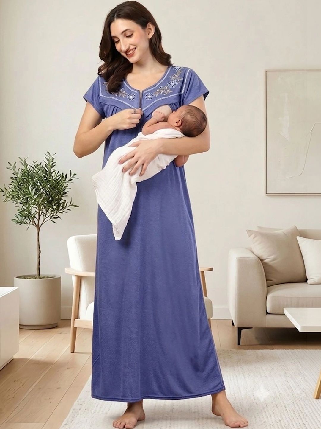 FABINALIV Women's Navy Blue Solid Hosiery Maternity Maxi Gown with Feeding Pockets