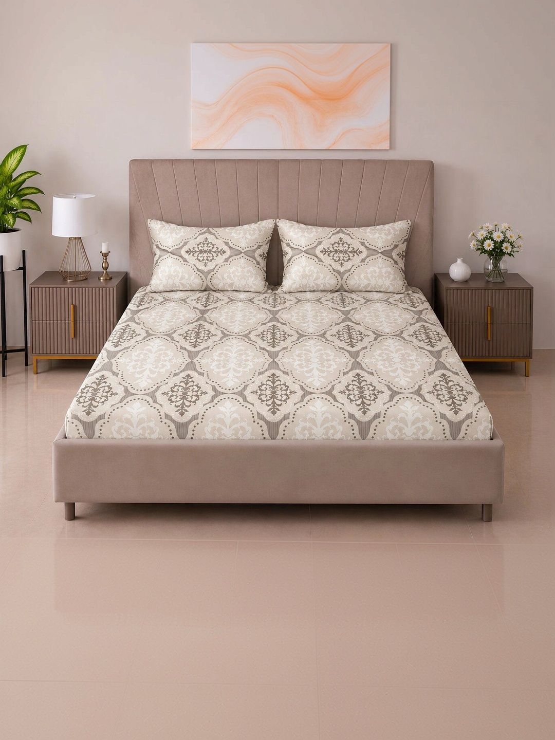 BOMBAY DYEING BOMBAY DYEING Beige Ethnic Motifs 144 TC Queen Bedsheet With 2 Pillow Covers