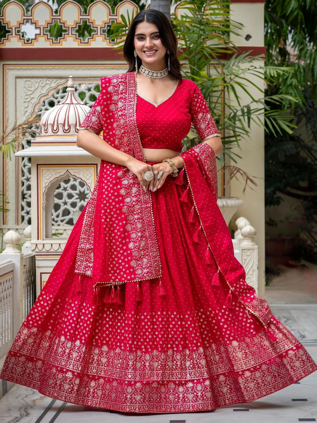 GULDORI Printed Beads and Stones Tie Dye Semi-Stitched Lehenga & Unstitched Blouse With Dupatta