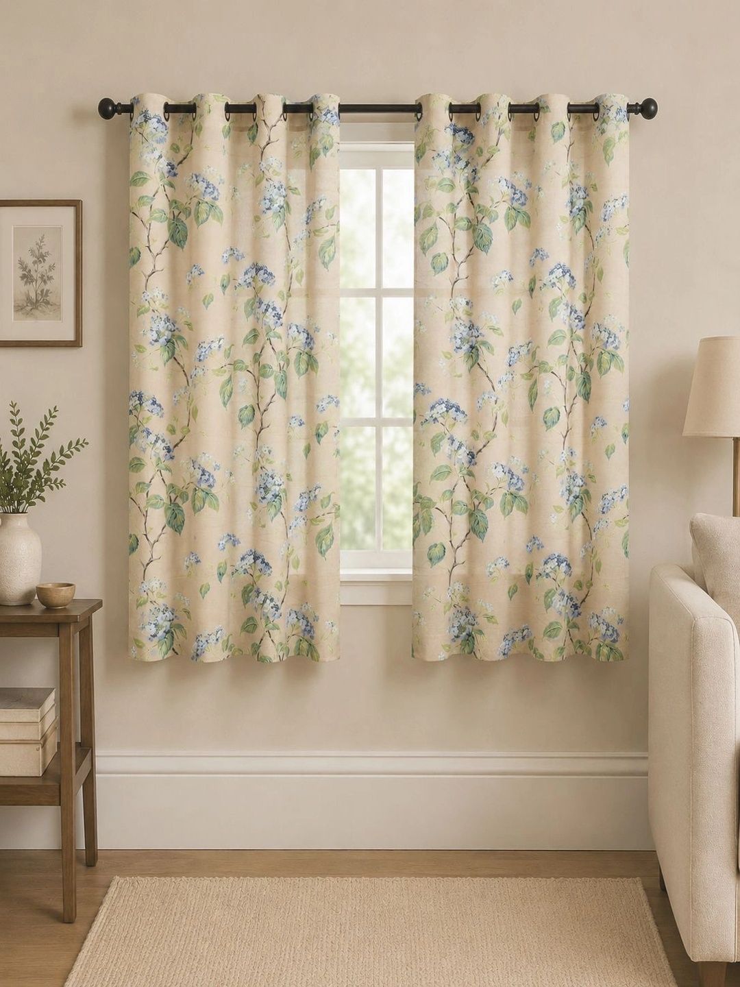 Clasiko Clasiko Beige & Blue Set of 2 Floral Sheer Window