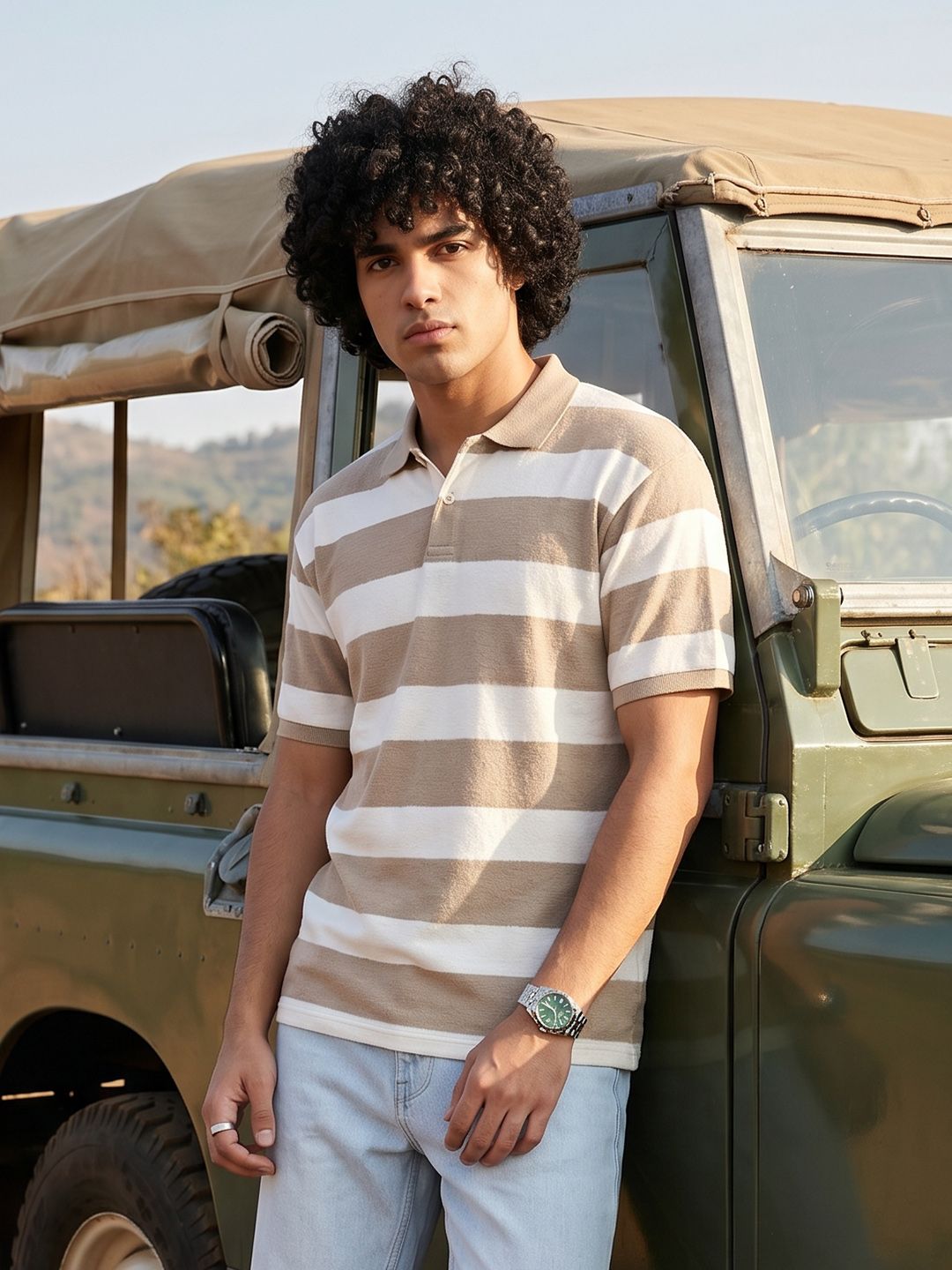 The Roadster Life Co. Striped Polo Collar Relaxed Fit T-shirt