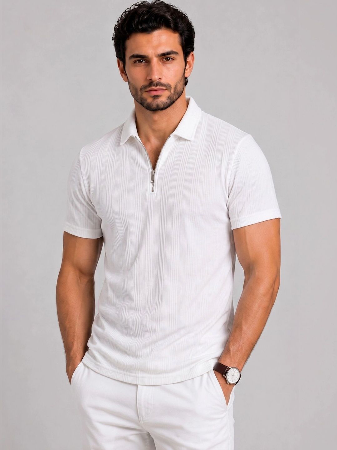 THE BEETEL HOUSE Men Ribbed Polo Collar T-Shirt