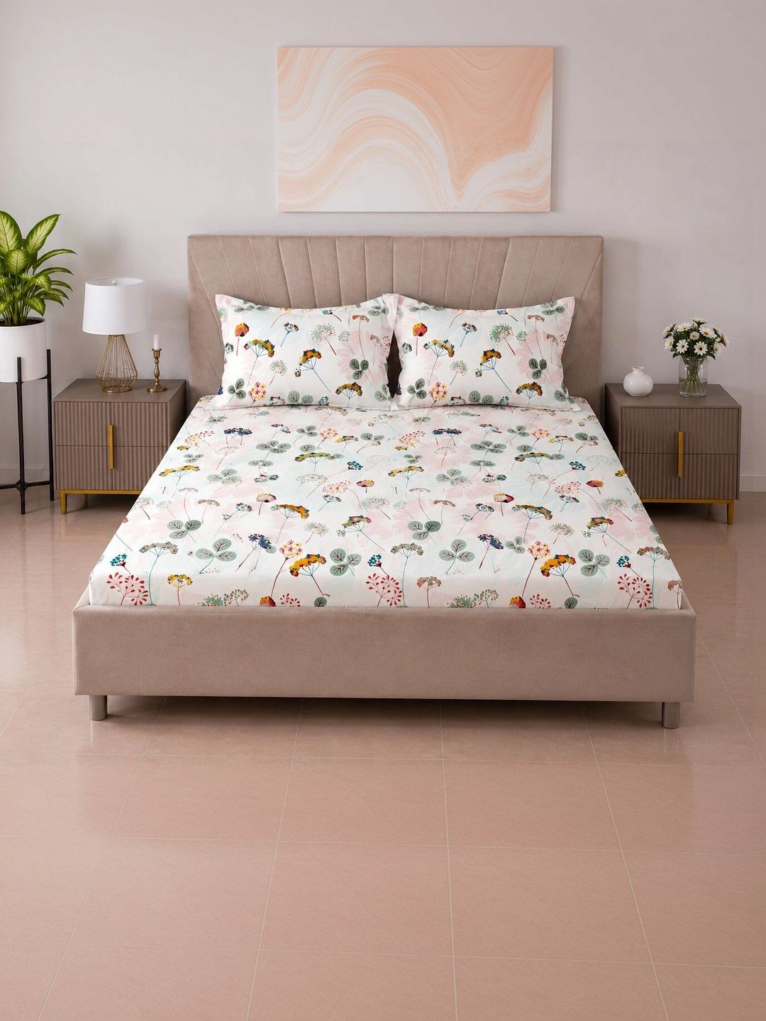 BOMBAY DYEING BOMBAY DYEING Yellow & Green Floral 144 TC Queen Bedsheet with 2 Pillow Covers