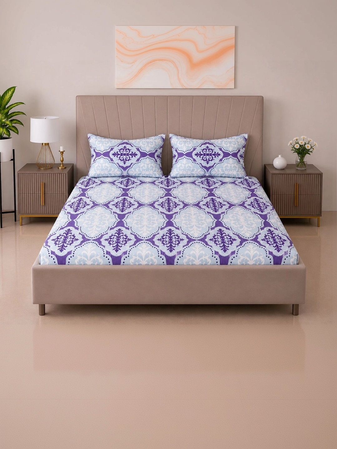 BOMBAY DYEING BOMBAY DYEING Purple & White Floral 144 TC Queen Bedsheet with 2 Pillow Covers