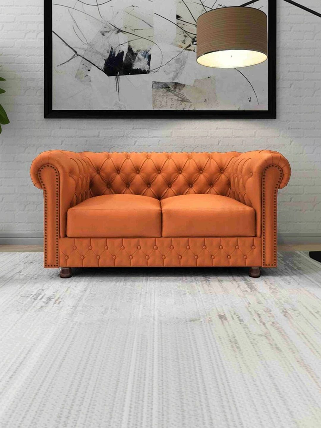 INDIAWOODMART INDIAWOODMART Orange Coloured 2 Seater Checked Sofa