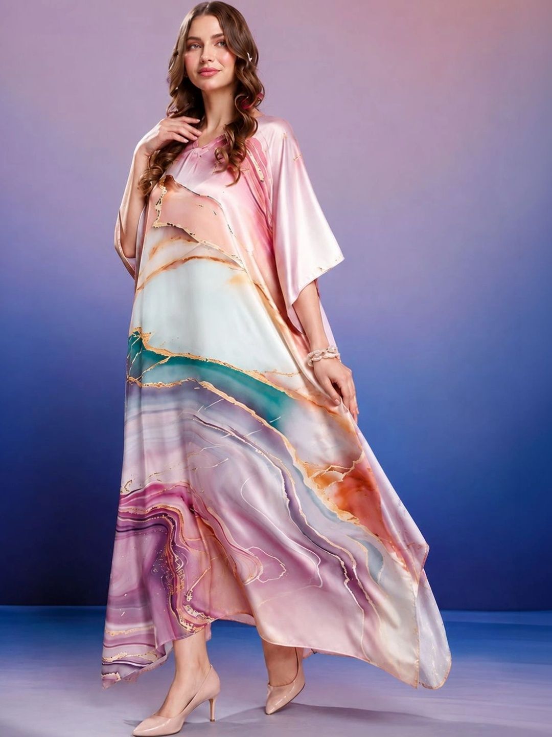 UDHATIKRAMAN UDHATIKRAMAN Abstract Printed V-Neck Three-Quarter Sleeves Satin Kaftan Nightdress