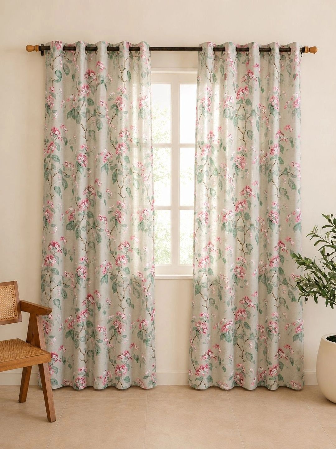 Clasiko Clasiko Pink & Green Set of 2 Floral Sheer Window