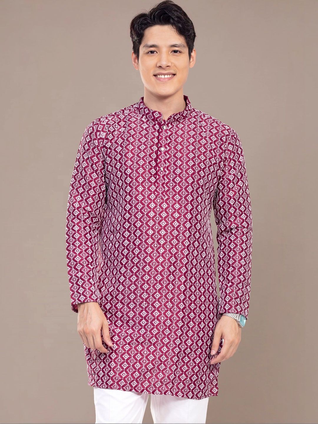 PulseIQ Men Ethnic Motifs Embroidered Thread Work Kurta