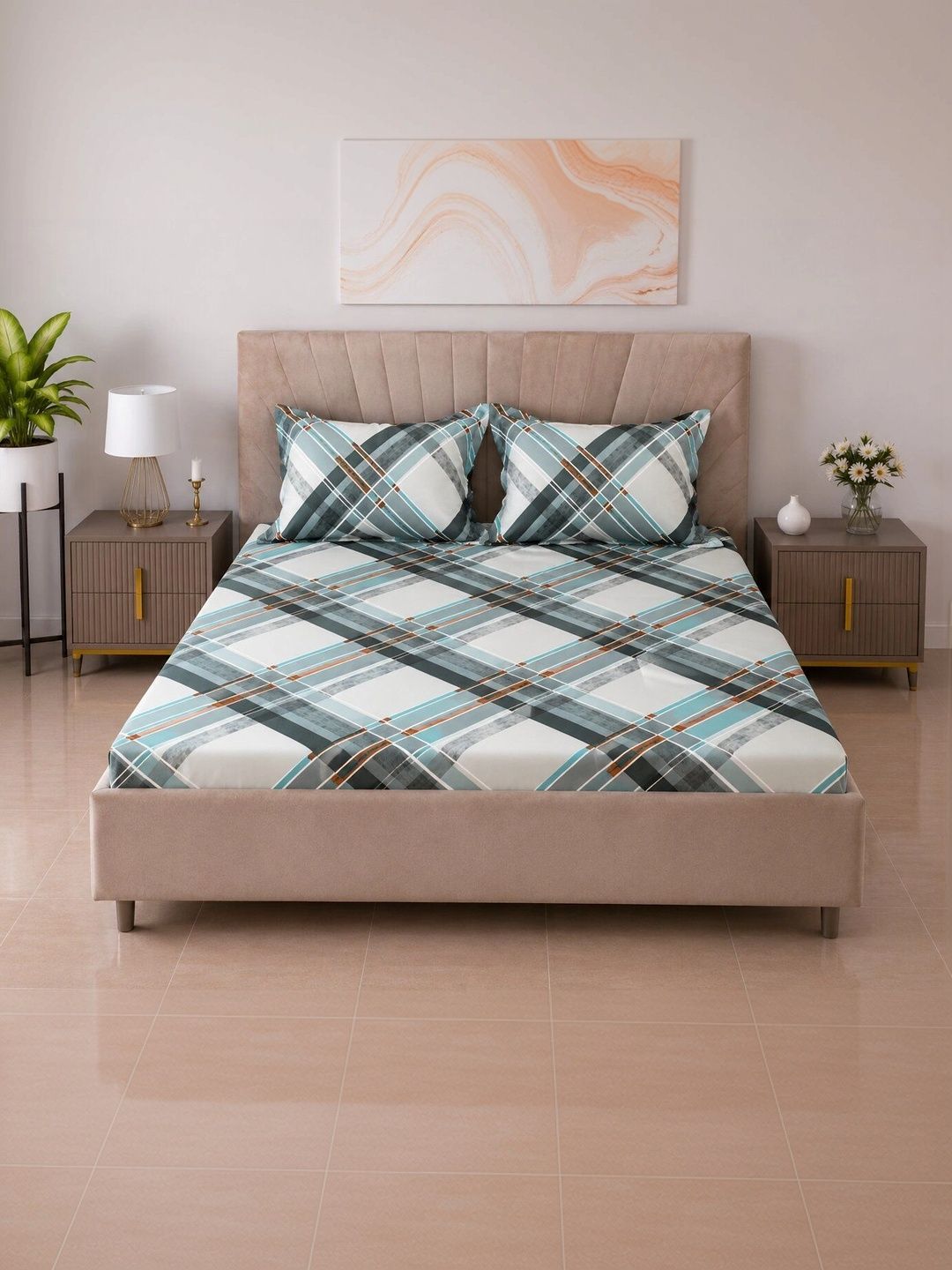 BOMBAY DYEING BOMBAY DYEING Green & White Floral 144 TC Cotton Queen Bedsheet With 2 Pillow Covers