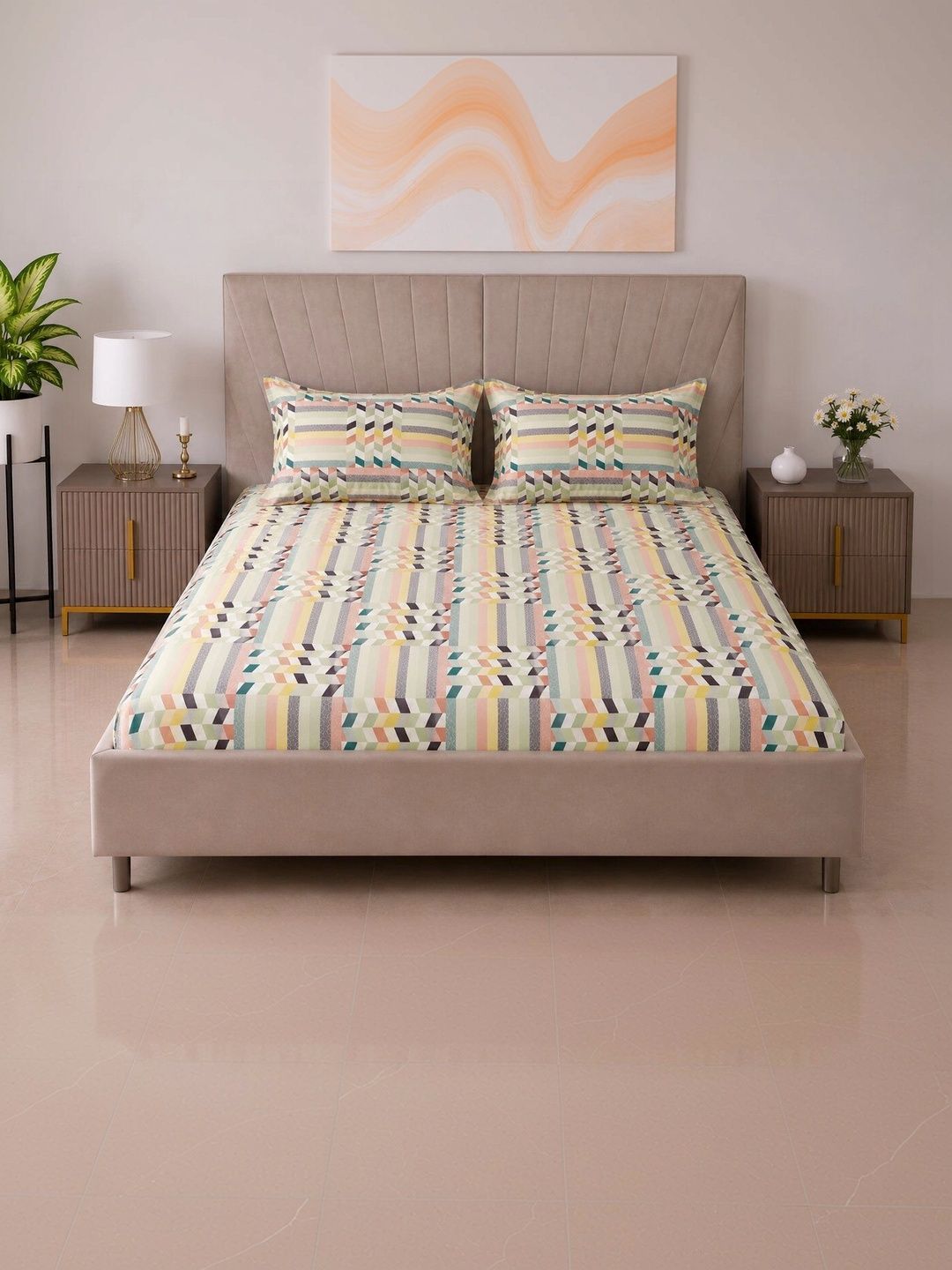 BOMBAY DYEING BOMBAY DYEING Green & Yellow Floral 144 TC Queen Bedsheet with 2 Pillow Covers
