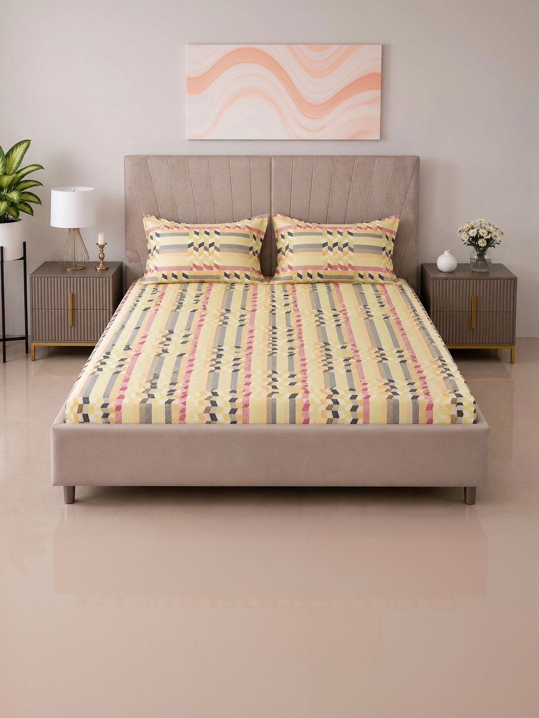BOMBAY DYEING BOMBAY DYEING Yellow & Grey Floral 144 TC Cotton Queen Bedsheet with 2 Pillow Covers