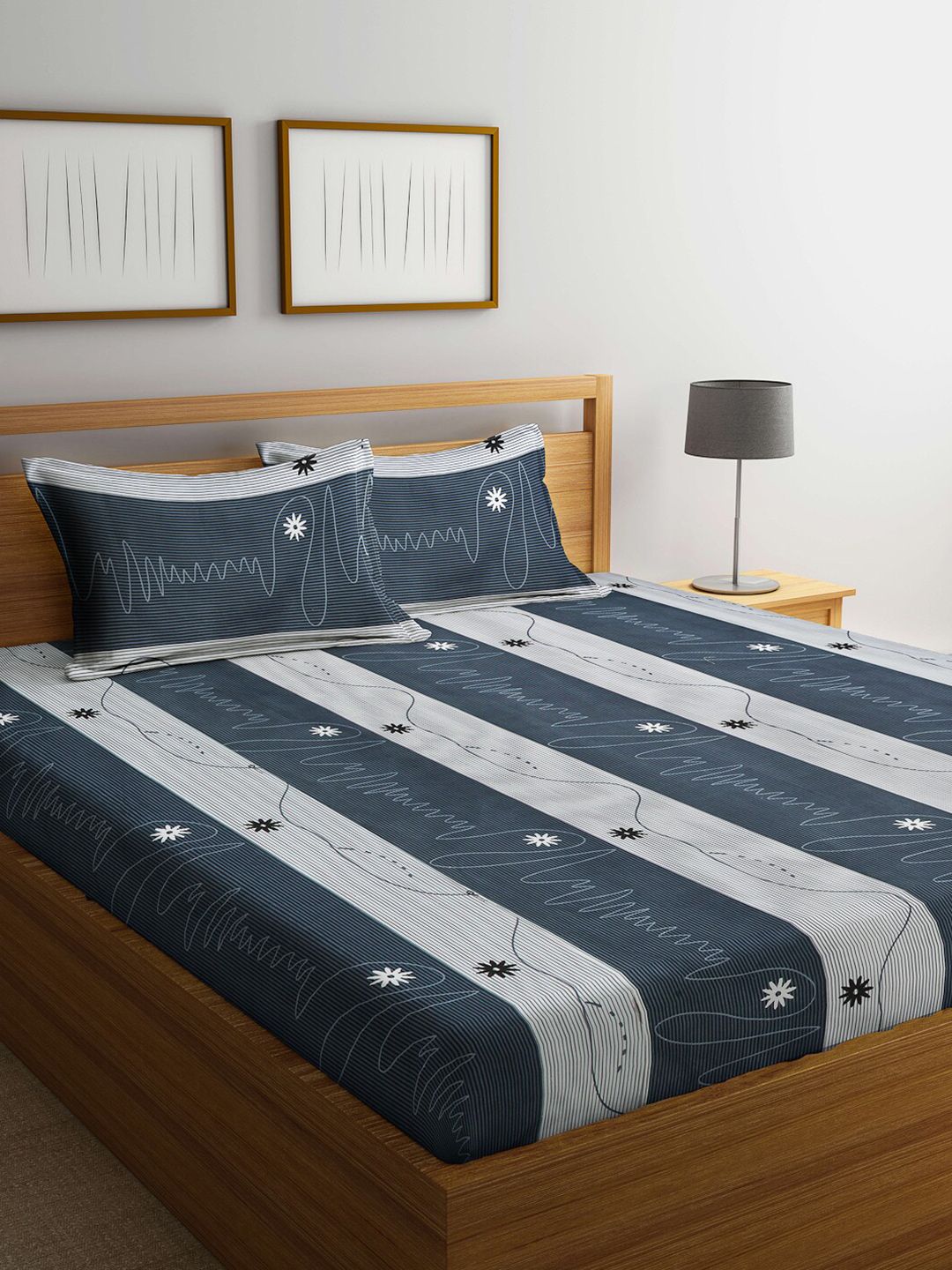 KLOTTHE Blue Striped Cotton 300 TC King Fine Bedsheet with 2 Pillow Covers-250 x 225 cm