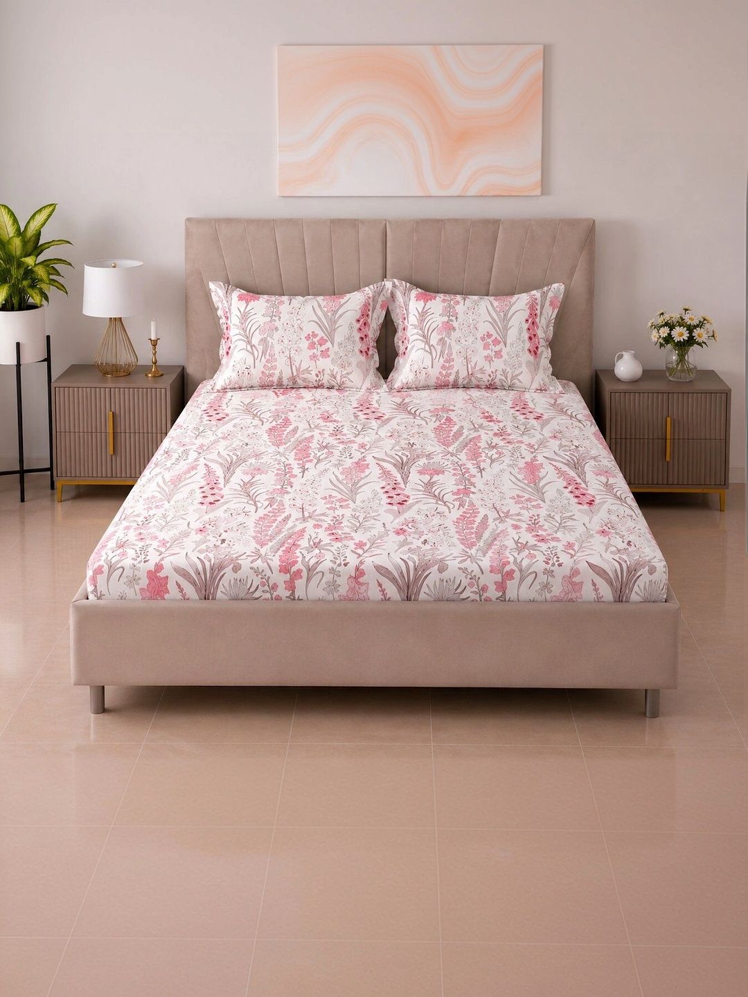 BOMBAY DYEING BOMBAY DYEING Peach-Coloured Floral 144 TC Queen Cotton Bedsheet With 2 Pillow Covers