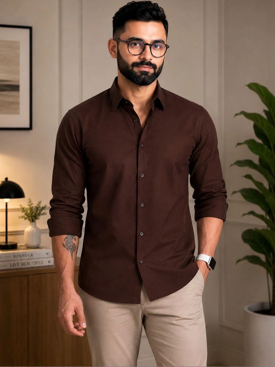 THE BIG ATTIRE Men Cotton Spread-Collar Shirt
