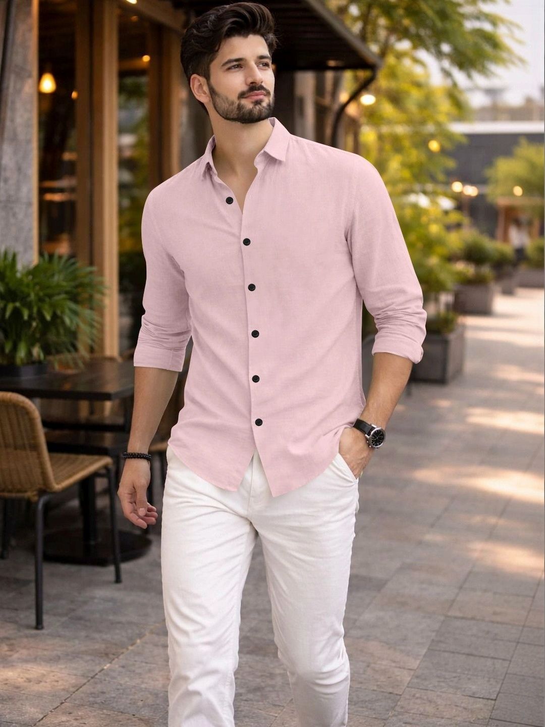 Lolark Men Regular Fit Spread Collar Long Sleeves Cotton Casual Shirt