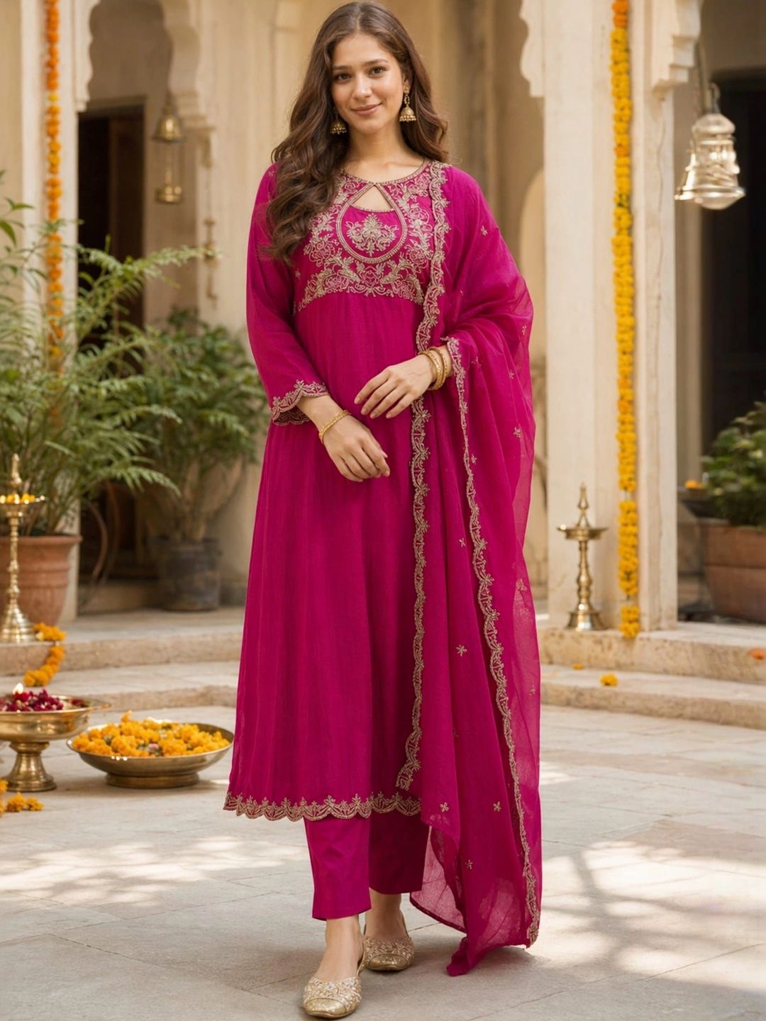 Sangria Women Ethnic Motifs Embroidered Regular Kurta with Trousers & With Dupatta