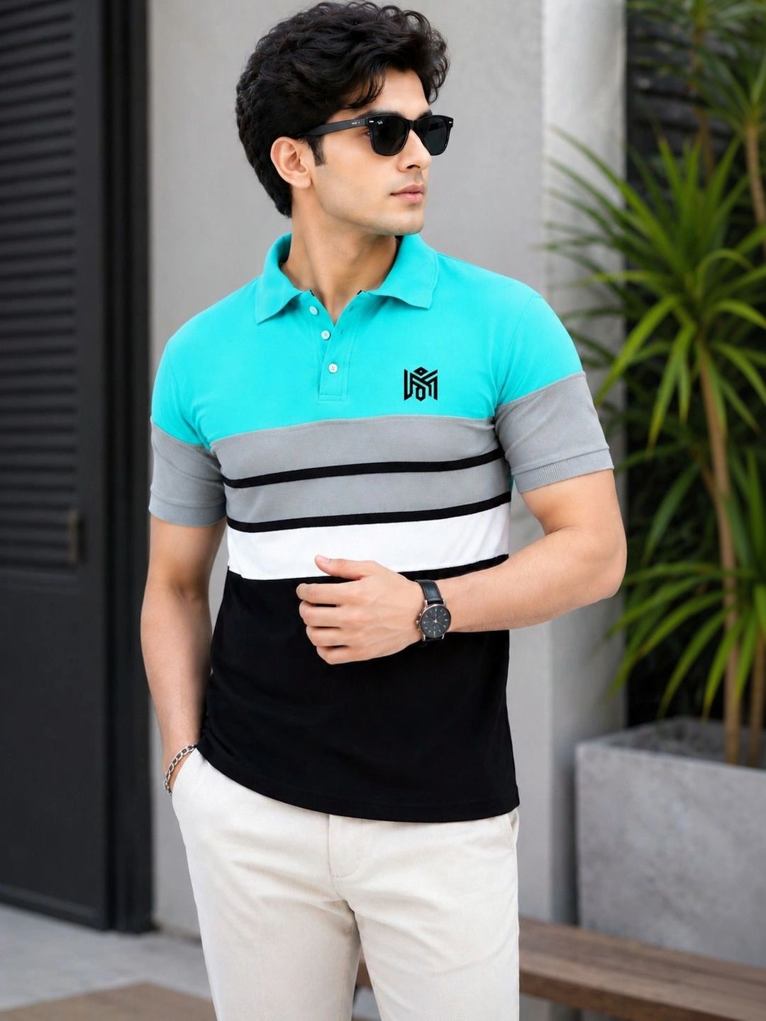 Lolark Men Brand Logo Colourblocked Polo Collar T-shirt