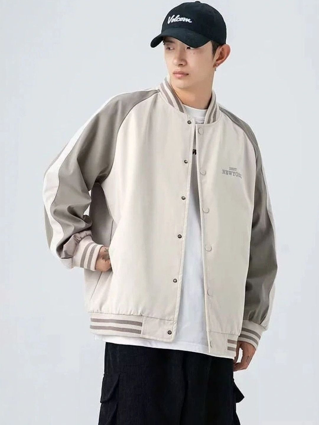 KPOP Men's Off White Colourblocked Bomber Jacket