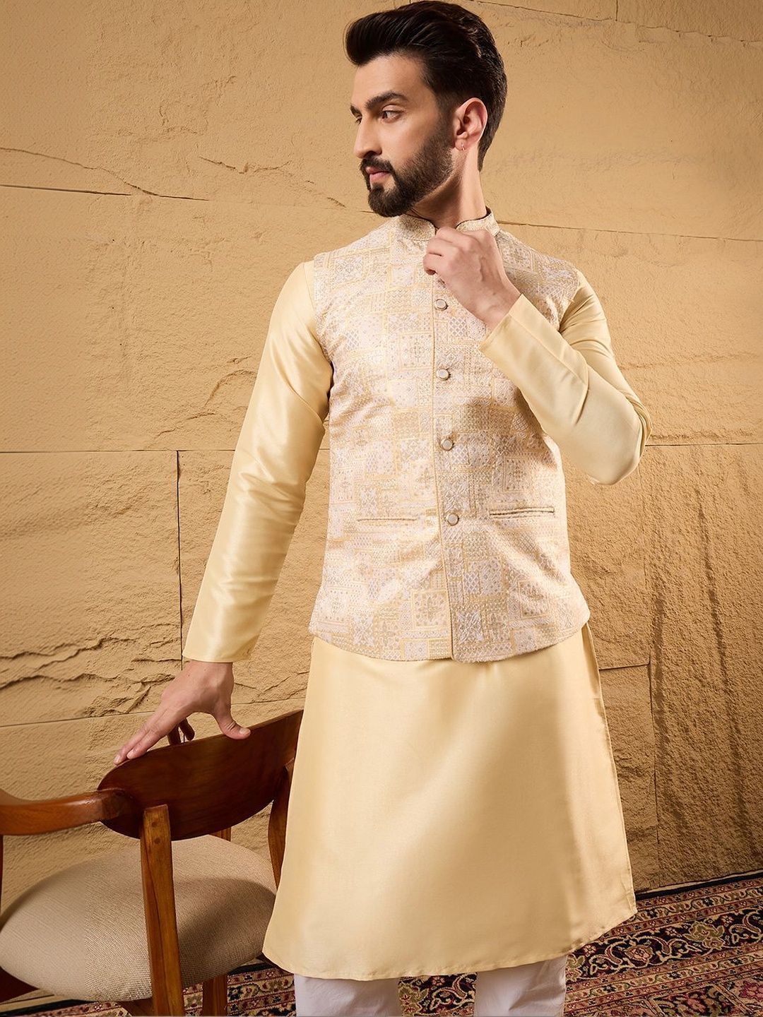 House of Pataudi Embroidered  Woven Nehru Jackets