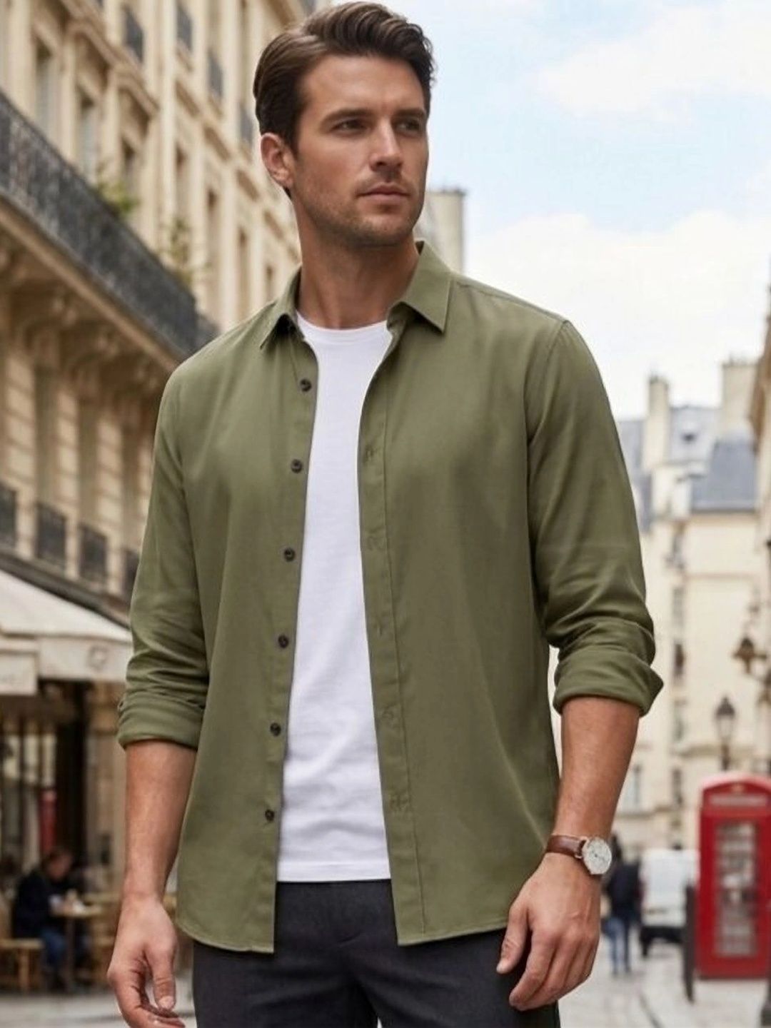 Lolark Men Regular Fit Spread Collar Long Sleeves Cotton Casual Shirt