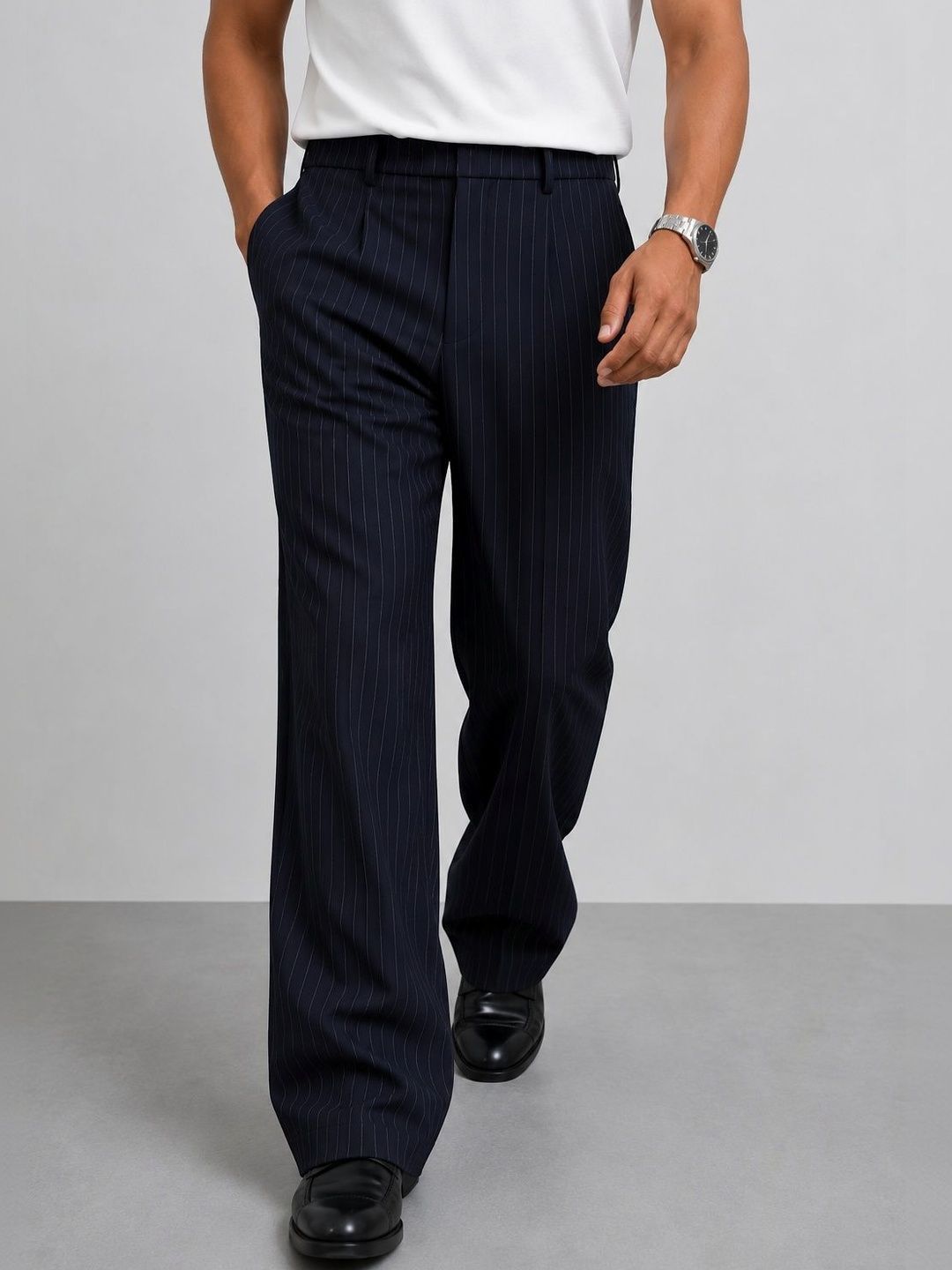 NOWI Men Striped Relaxed Easy Wash Trousers