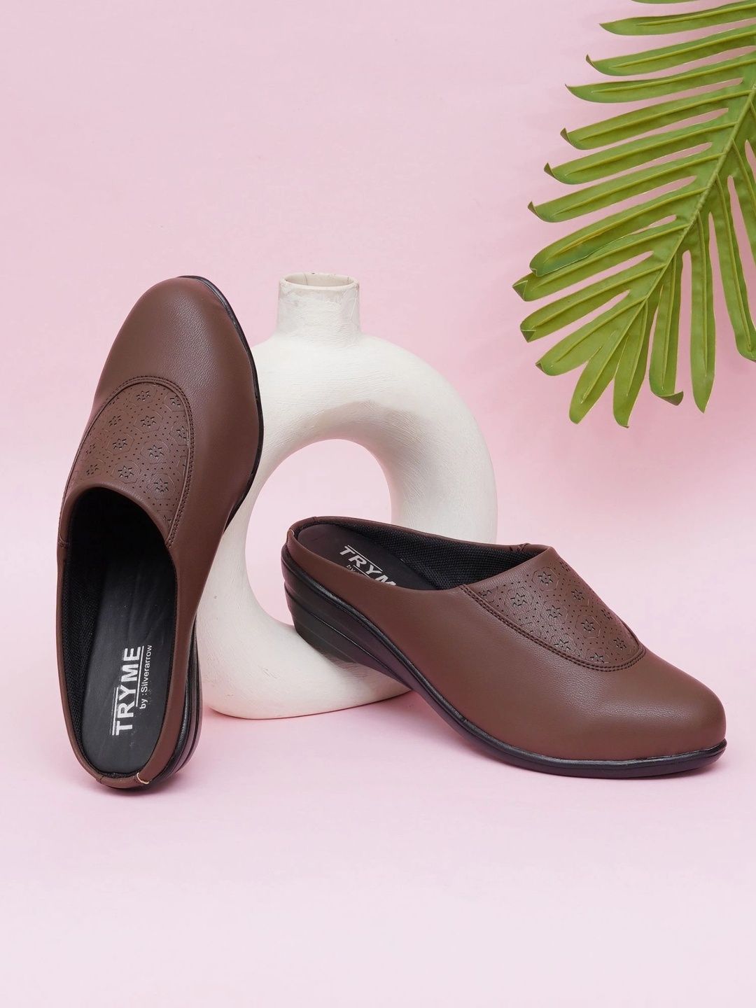Try Me Try Me Textured PU Wedge Mules with Laser Cuts