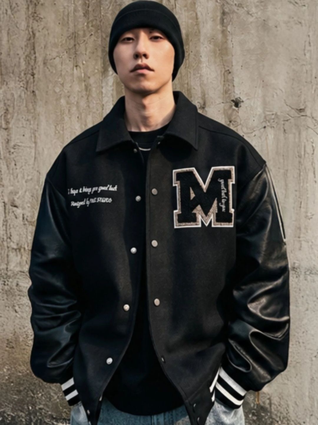 KPOP Men Brand Logo Colourblocked Varsity Jacket with Embroidered