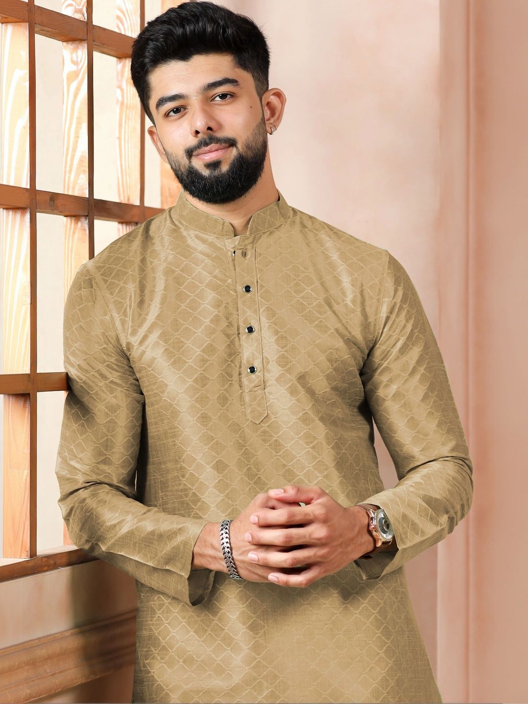 Koshin Ethnic Motifs Woven Design Mandarin Collar Long Sleeves Jacquard Kurta