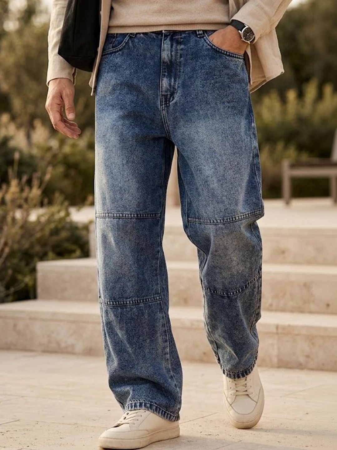 Urbano Fashion Men Blue Loose Baggy Fit Cut and Sew Non-Stretchable Panelled Jeans