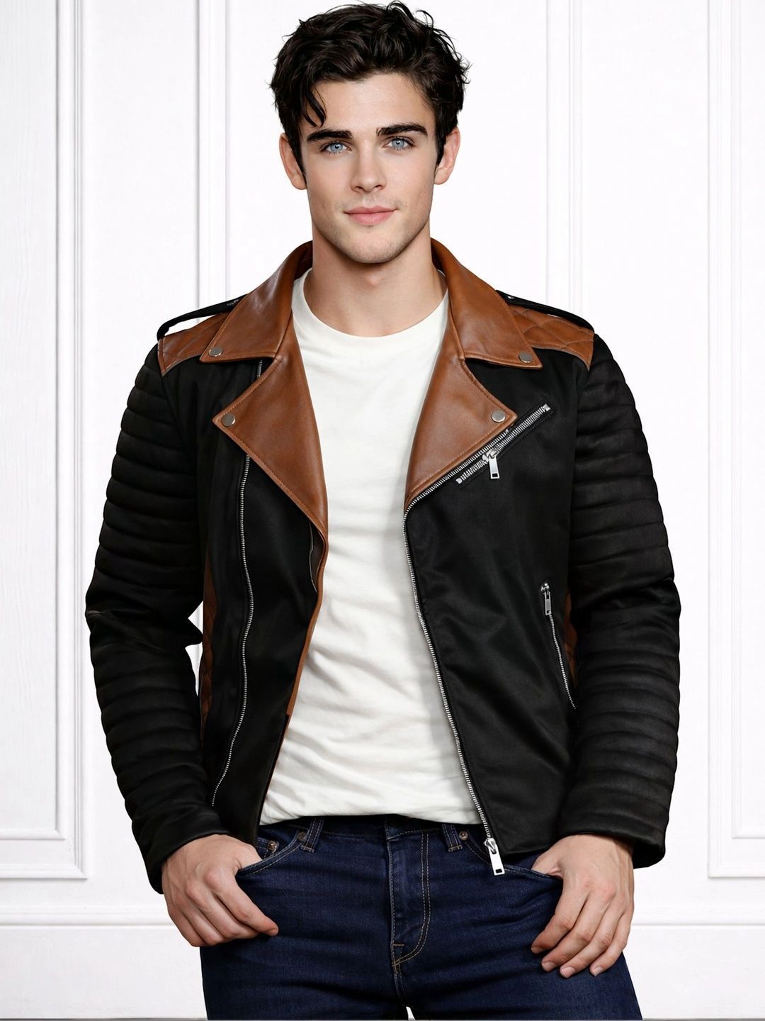 Leather Retail Men Colourblocked Suede Lightweight Outdoor Biker Jacket