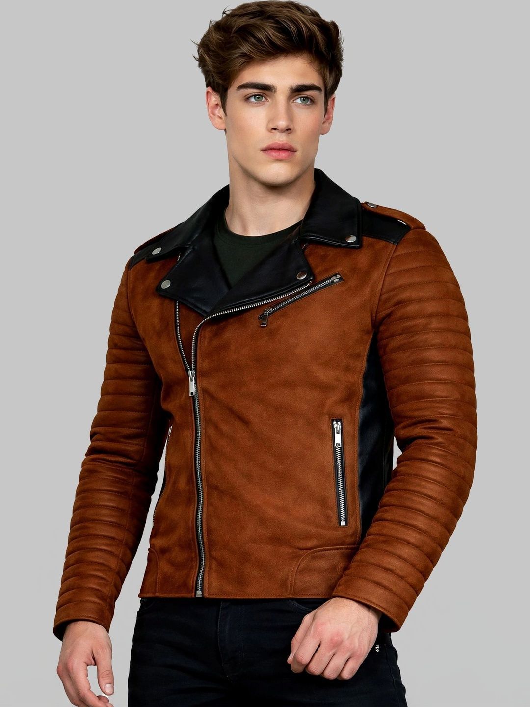 Leather Retail Men Lapel Collar Solid Casual Biker Jacket