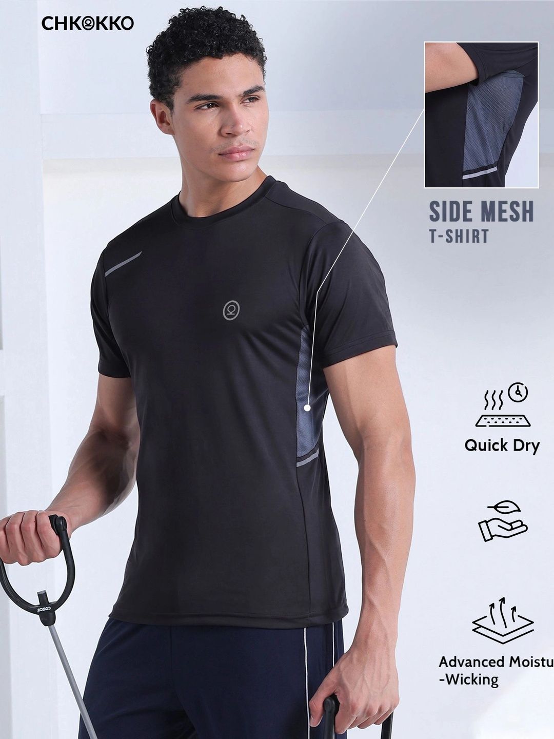 CHKOKKO Men Charcoal Grey Solid Round Neck T-shirt