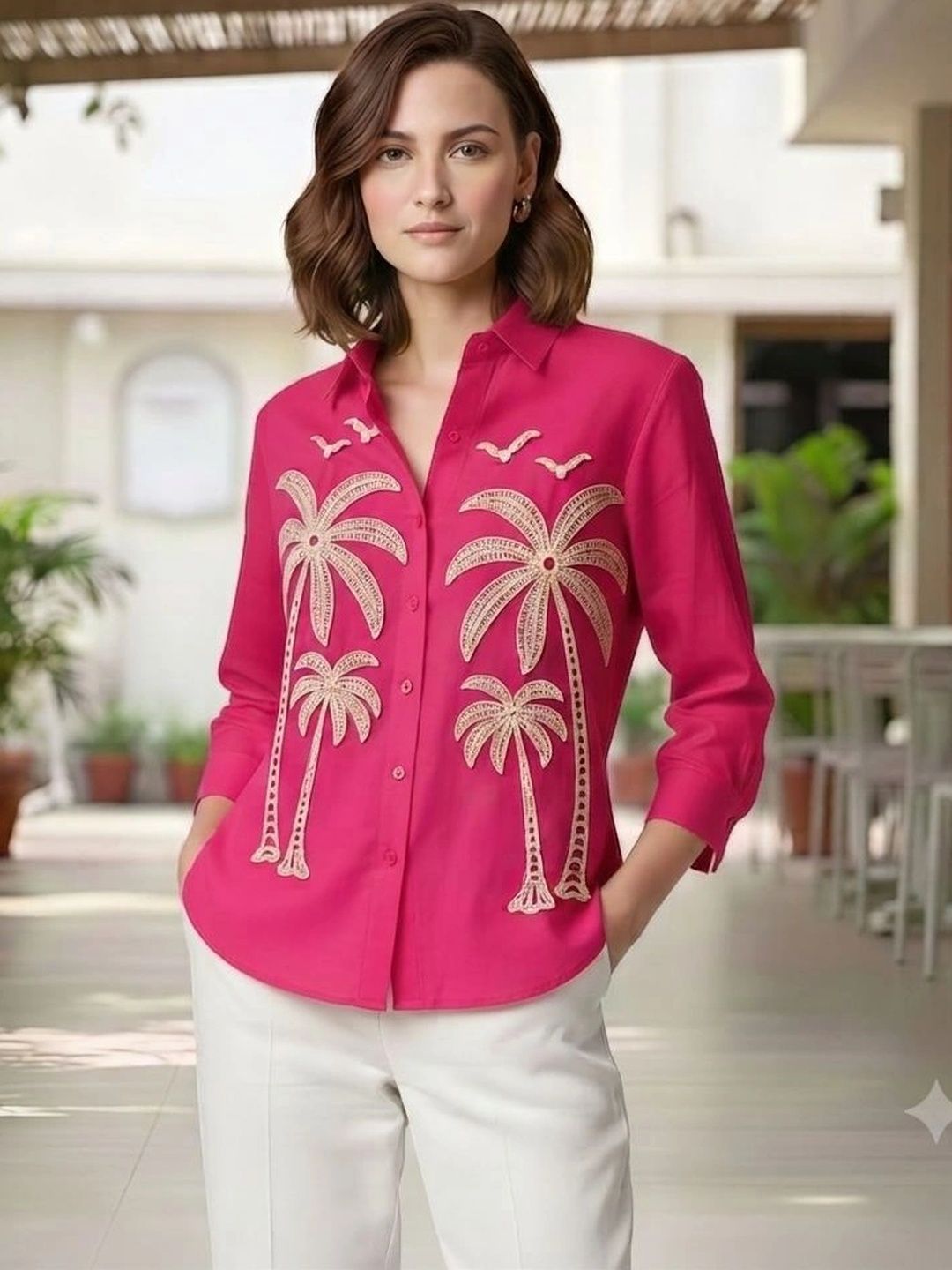 Buy Kinjo Women Embroidered Mandarin Collar Shirt Style Top - Tops