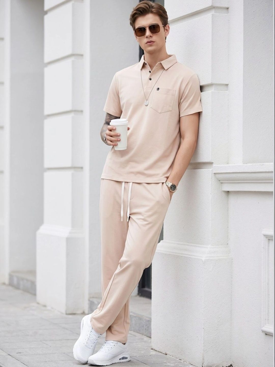 WEET Men Shirt Collar T-Shirt and Pyjama Set