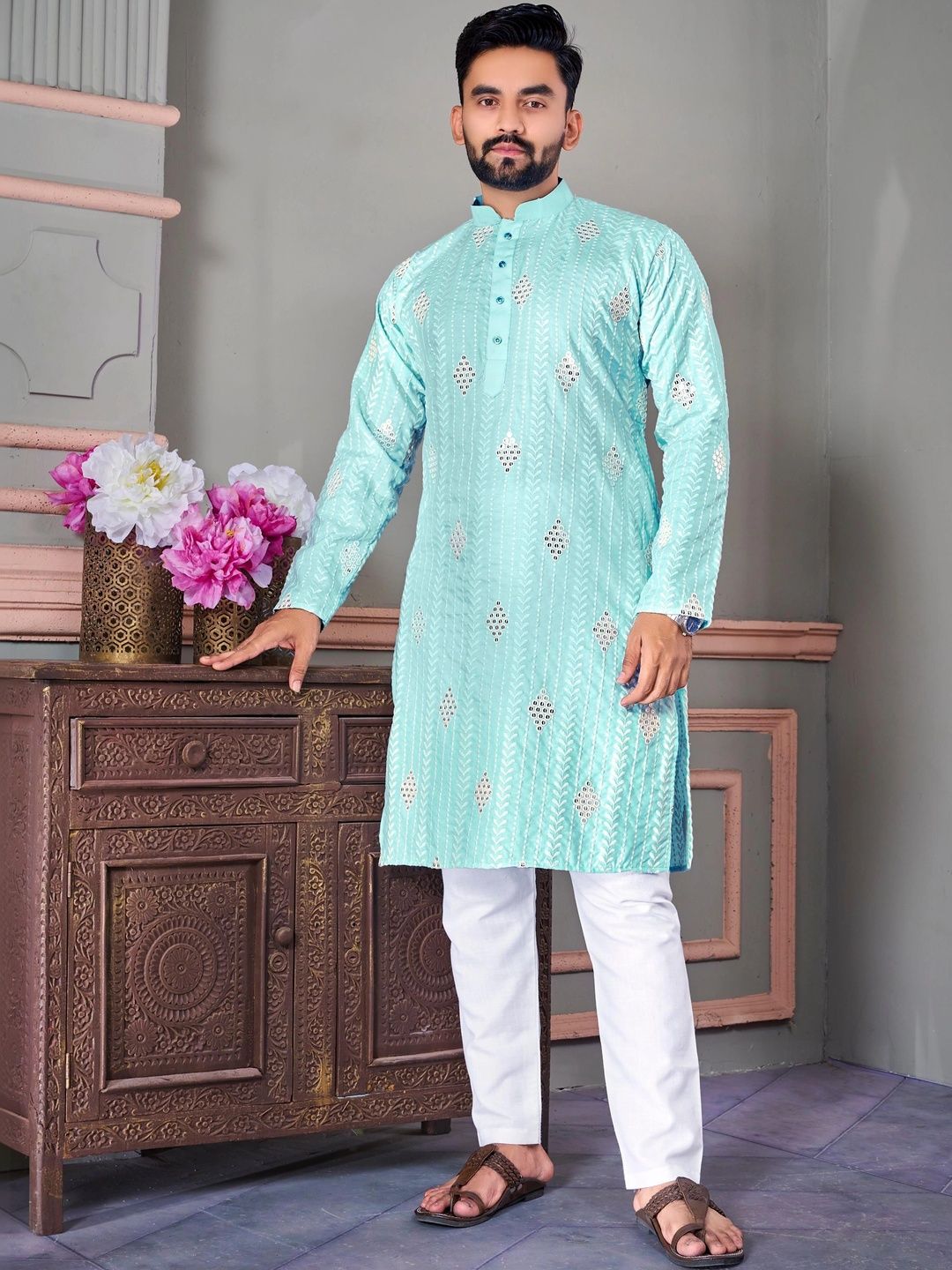 Sangria Men Ethnic Motifs Embroidered Mirror Work Kurta