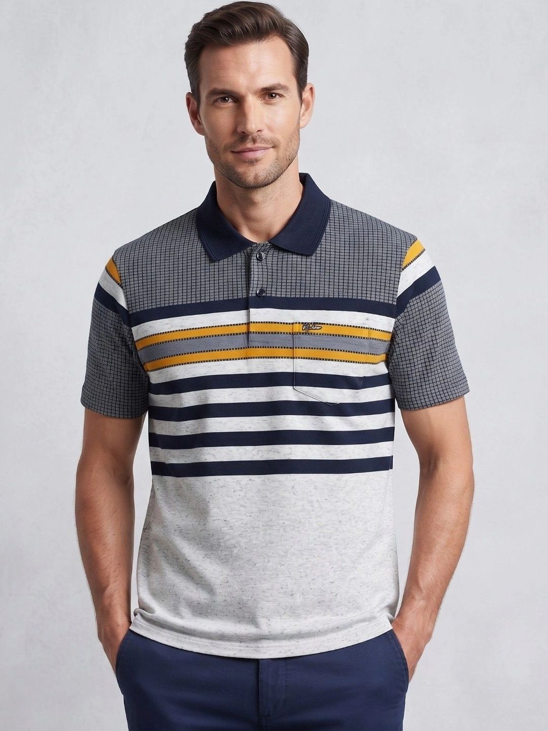 MALER Men Striped Polo Collar Pockets T-shirt