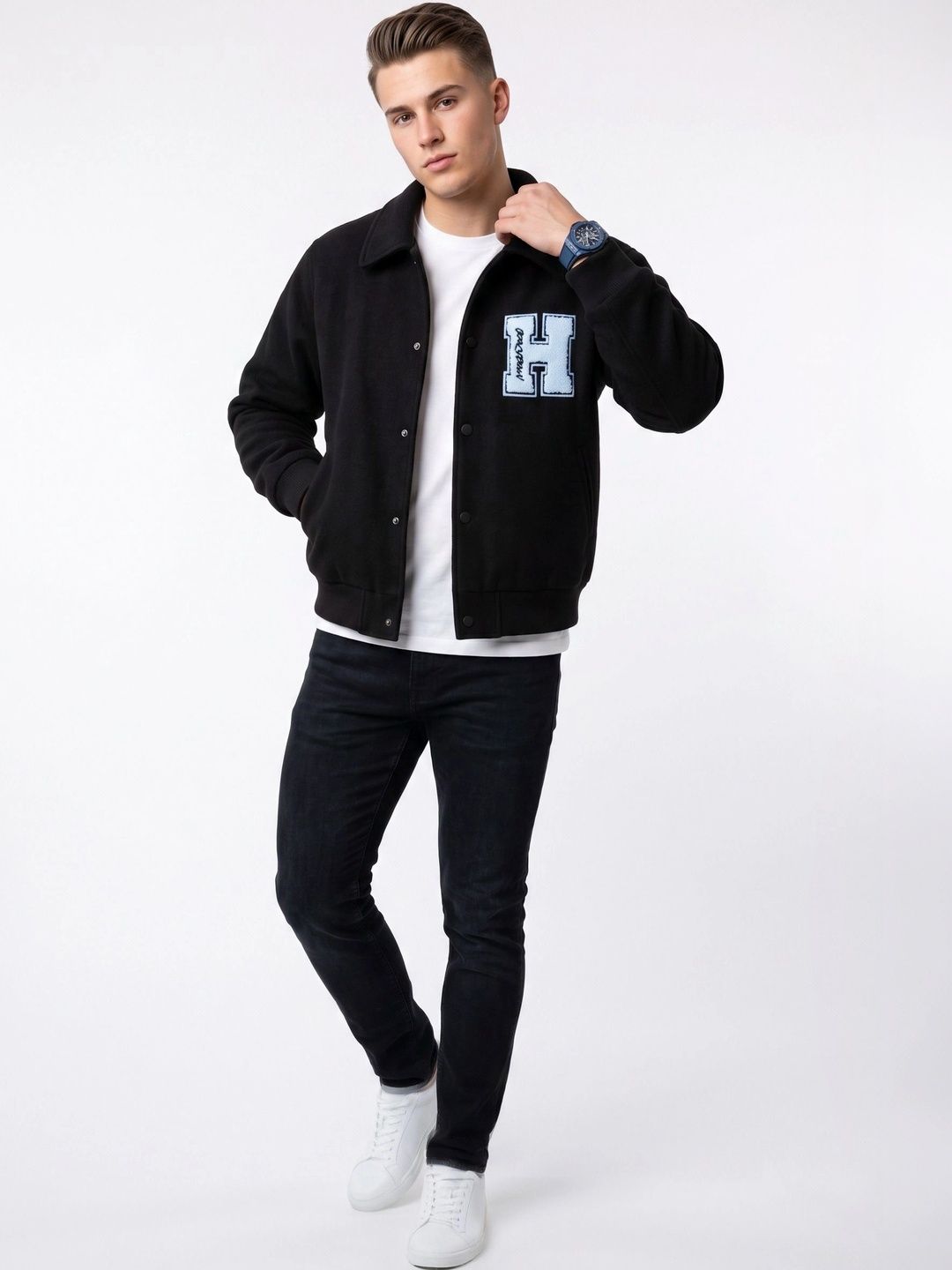 oiin Men Typography Fleece Blend Bomber Jacket