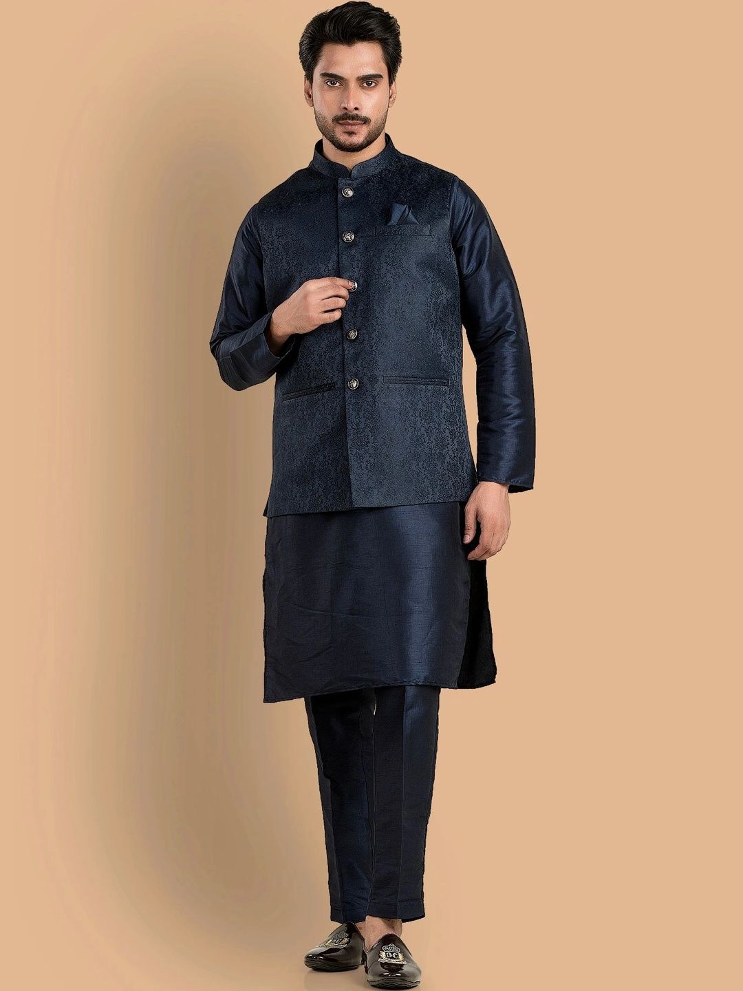 TRENDS OF ETHNIC Woven Design Mandarin Collar Nehru Jacket