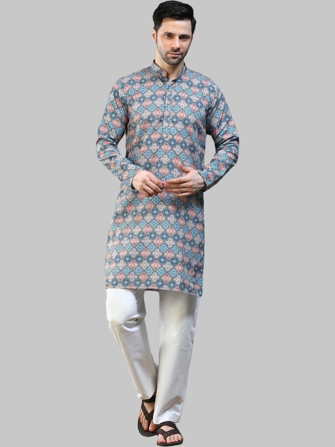 ALMORA LIFESTYLE Men Geometric Printed Kurta with Mandarin Collar